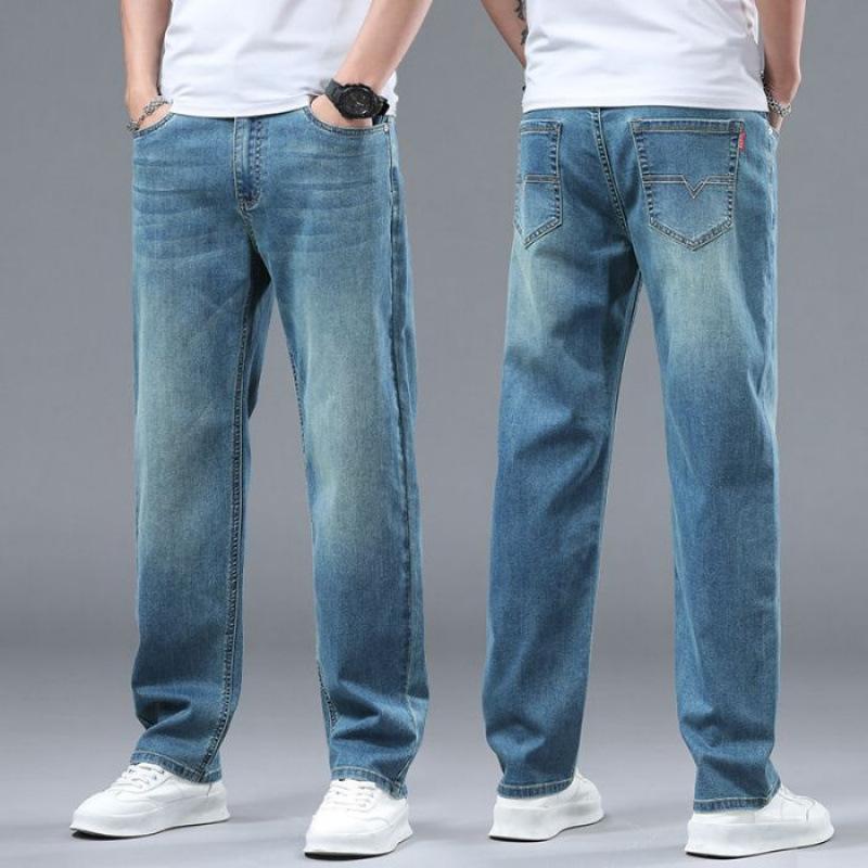 JYL Thin Jeans Men's Width Straight Elastic Trousers for Daily Use
