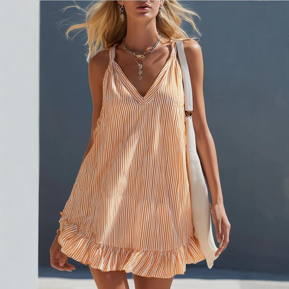 Women Sleeveless V Neck Striped Ruffle Hem Midi Dress Orange White S