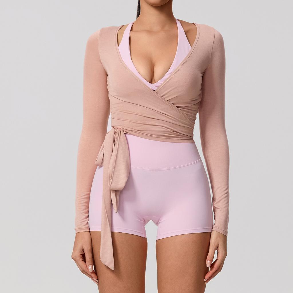 Hearuisavy Summer Women's Yoga Shirt Long Sleeve Sportswear Gym Breathable Quick Dry Sports Top Pilates Dance Ballet Wrap Tops