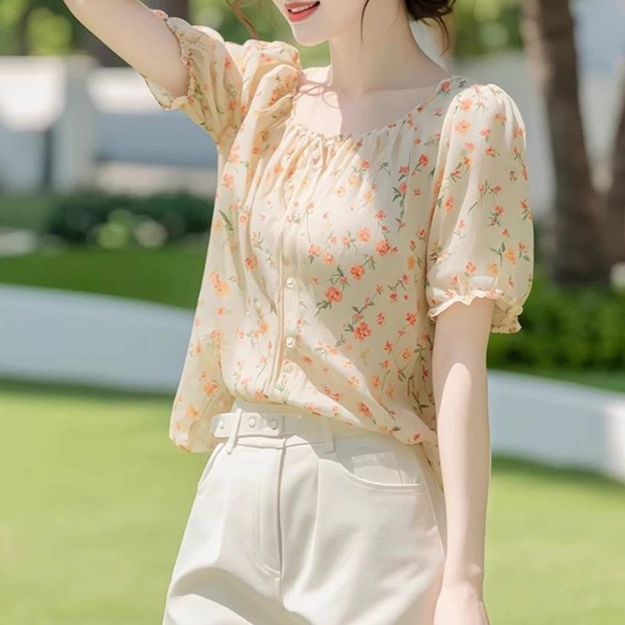 New light luxury high-end French shirt temperament top chiffon floral short-sleeved shirt women's summer