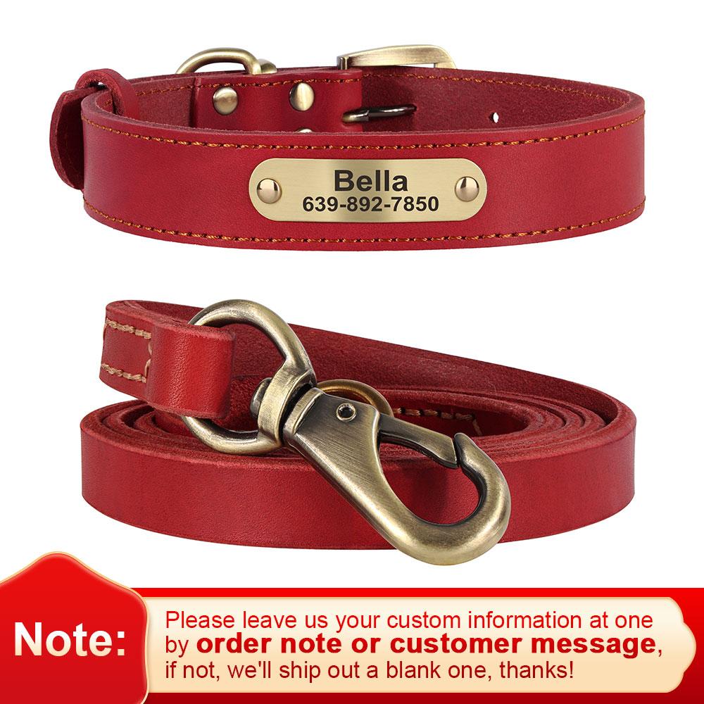 Personalized Dog Collar Leash Set Durable Genuine Leather Dog Collars Engraved Pet ID Necklace With Lead For Small Large Dogs