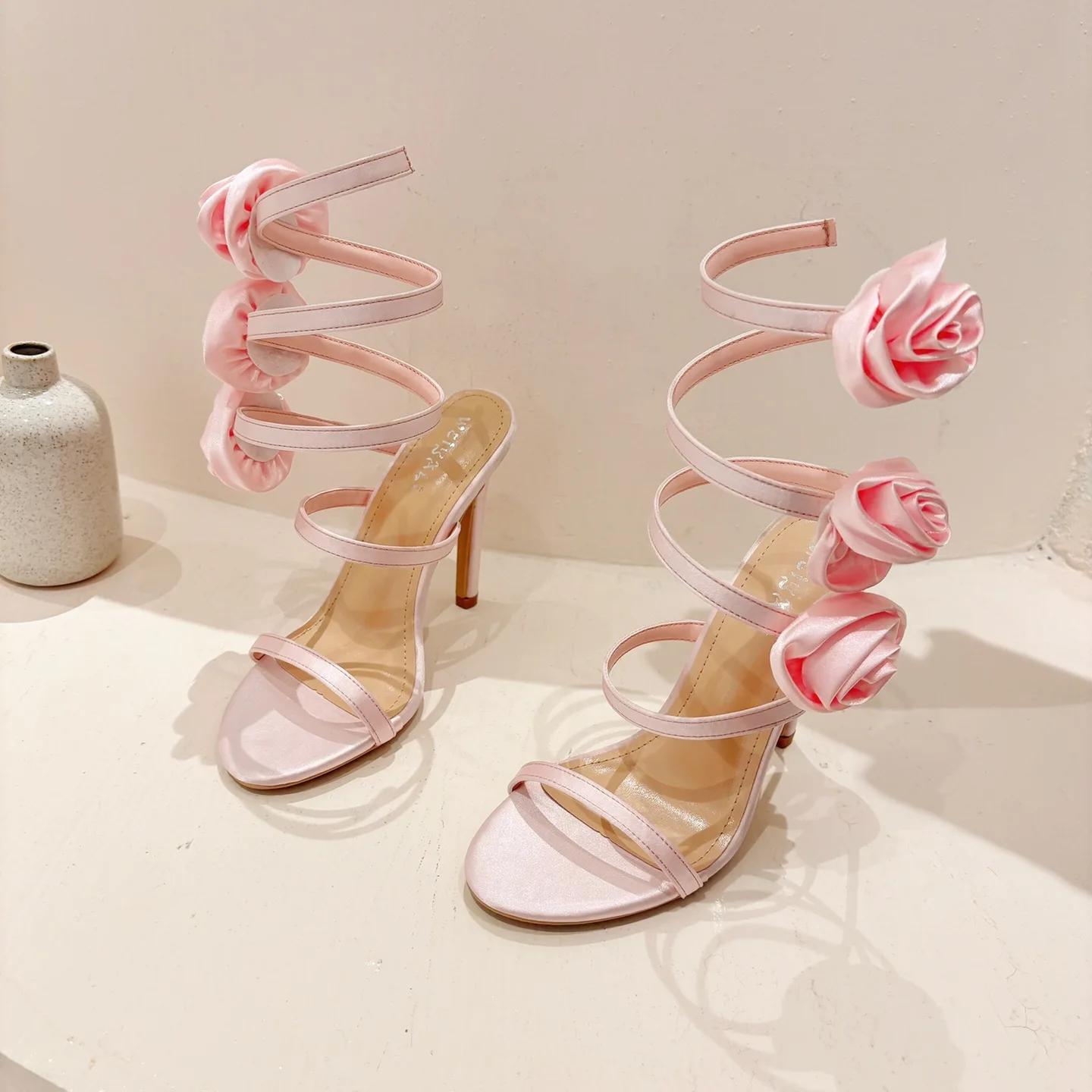 

Luxury Designer Flower Sandals Women 2026 Summer Ankle-Wrap Thin High Heel Sandals Ladies Elegant Sexy Pumps Women Stiletto 35 розовый