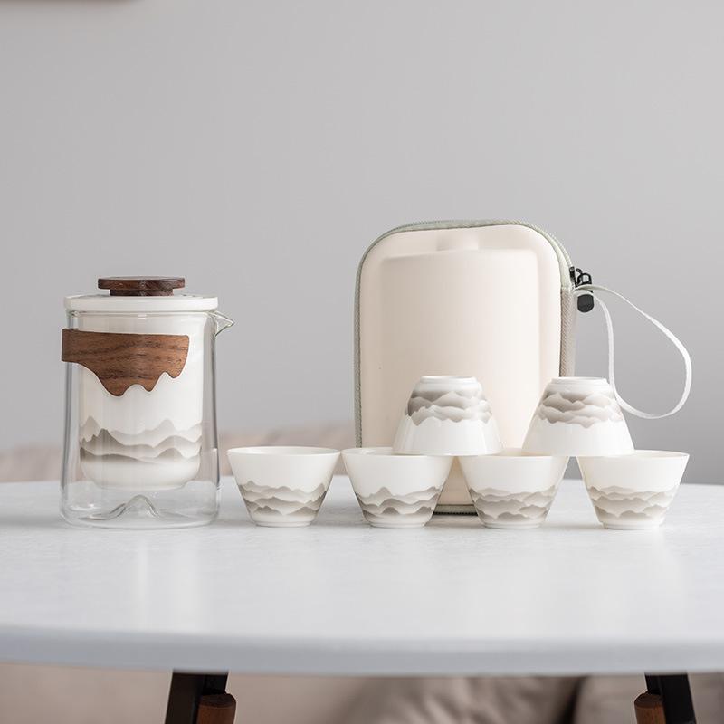 Suet Jade White Porcelain Guochao Ink and Wash Travel Tea Set, a Pot of Four or Six Cups, New Chinese Express Cup Light Luxury Business Gifts