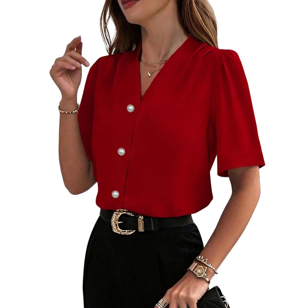 Women's Fashionable Color V-neck Button Casual Short Sleeved Shirt Top
