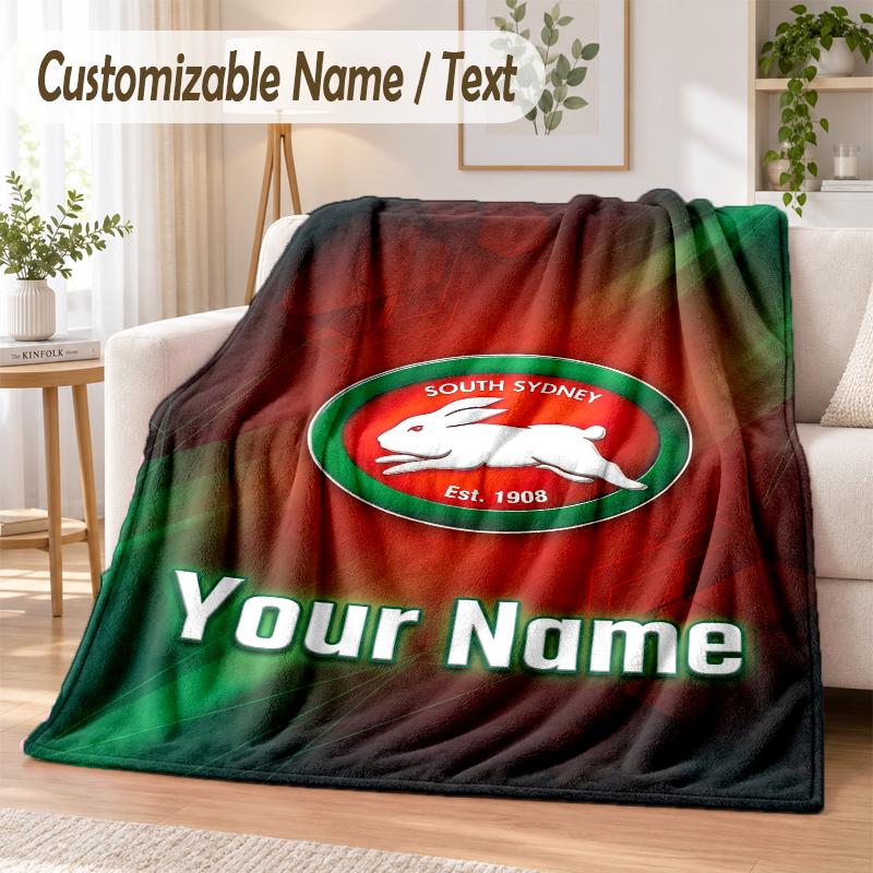 Custom Text Flannel Blanket South Sydney Rabbitohs Print Warm Cozy Blanket Home Sofa Bedding