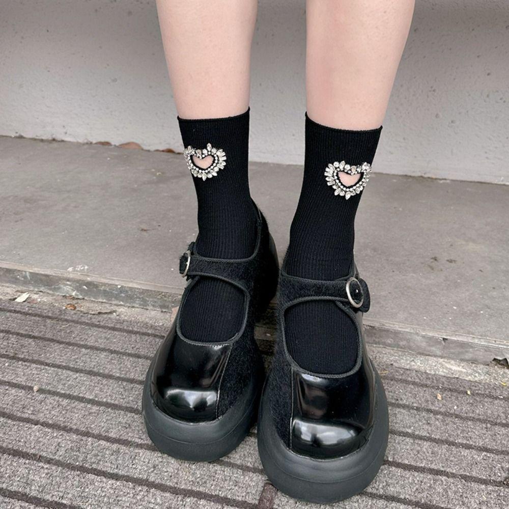 JK Rhinestone Heart Socks Cotton Mid-calf Socks Women Breathable Y2K Tube Socks  Lolita