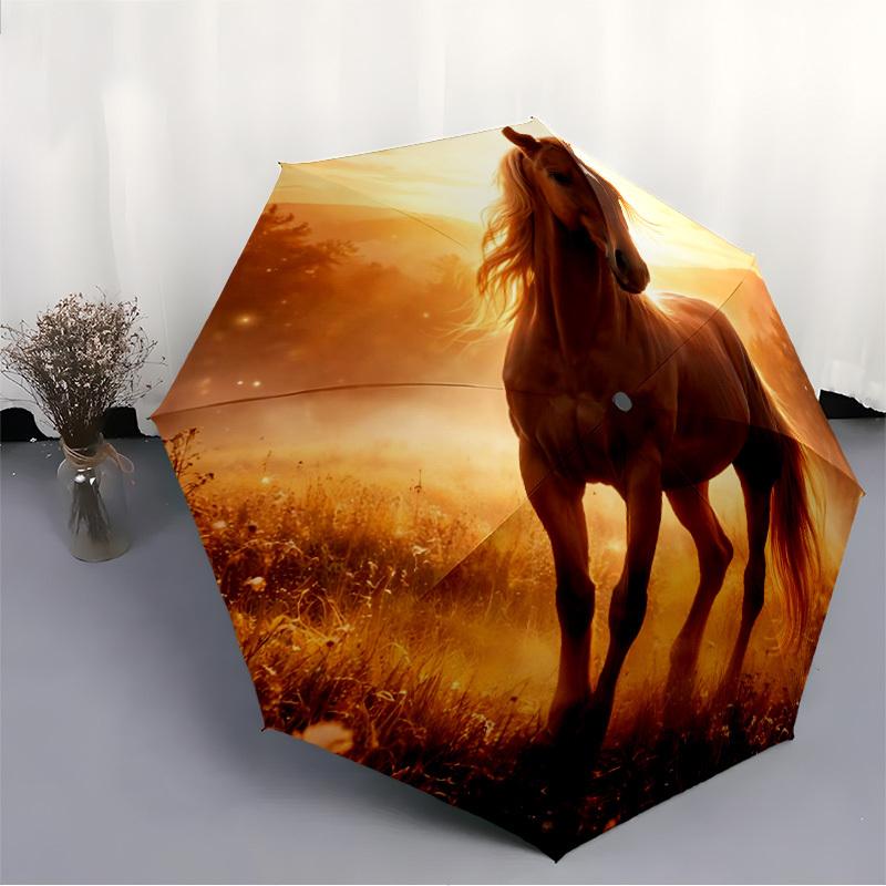 1pc Horse Sunset Automatic Folding Umbrella Portable Collapsible 8-Rib Umbrella for All Seasons, Casual Outdoor Accessory, B63