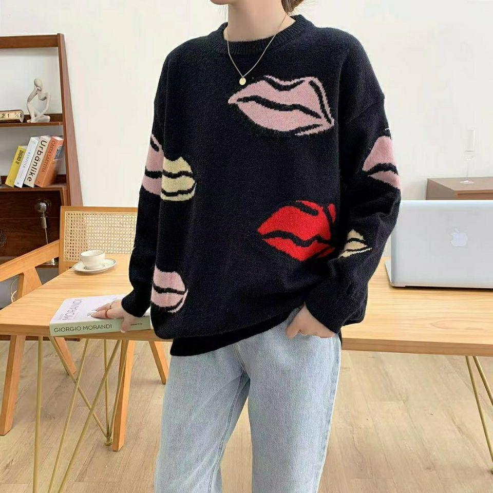 Women's Crew Neck Sweater Autumn Winter Thick Loose Printed Sweater Soft and Comfortable Knit Pullover Sweater