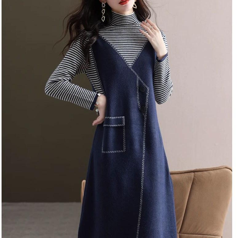 Women's Turtleneck Sweater Dress Autumn and Winter Fake Two-piece Mid-length Knitted Shirt Loose and Fashionable Long-sleeved Pullover