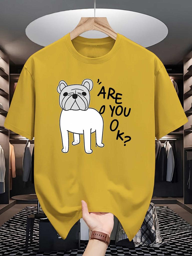 Unisex Crew Neck Tee Cute Bulldog Are You Ok Letter Cartoon Print Soft Cotton Loose Short Sleeve Summer Casual Male Streetwear Tops