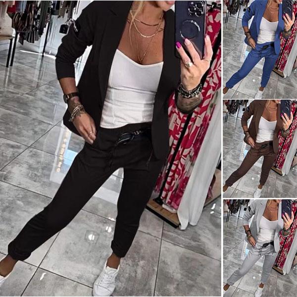 Zweiteiliges Set für Damen, elegante Slim-Fit-Jacke, formelle Büro-Arbeitshose, Revers-Mantel-Set