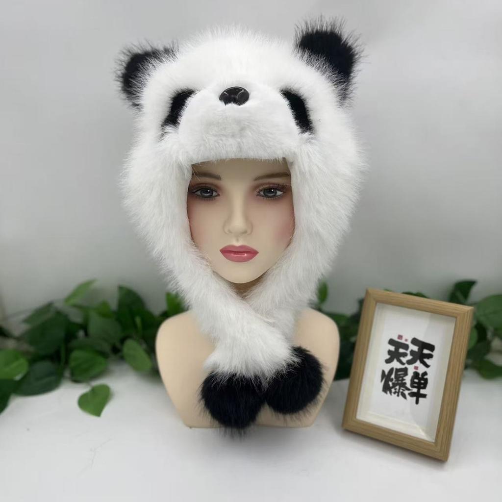 Parent-child autumn and winter cute plush panda hat, thickened warm big head circumference imitation fox hair cover ear hat