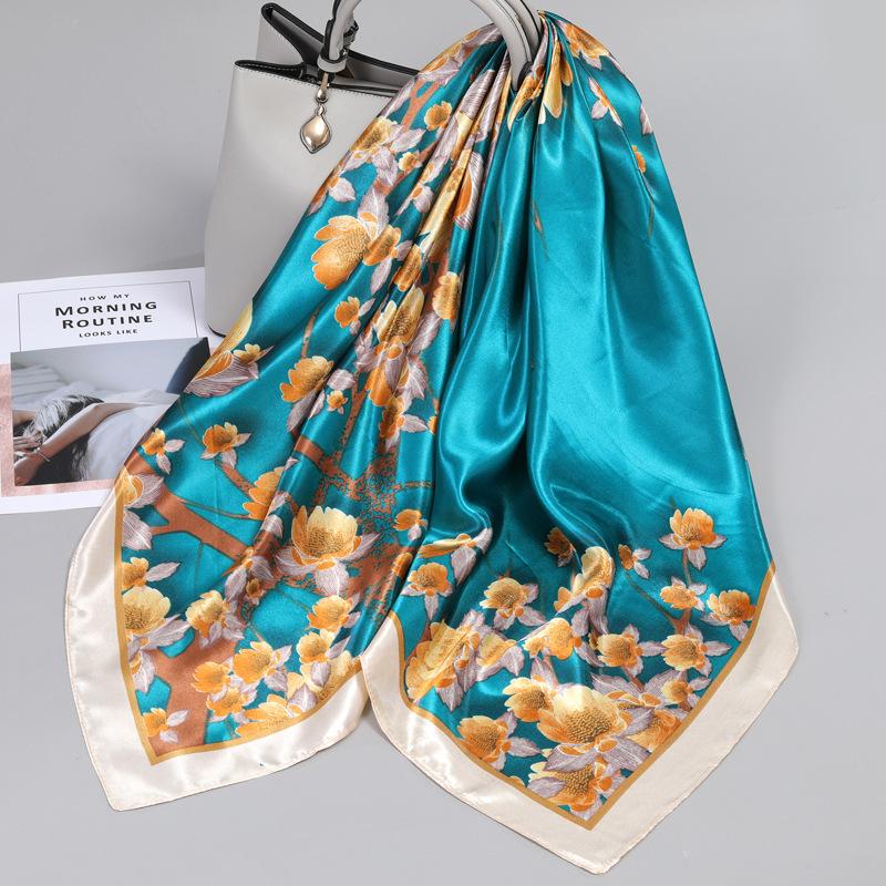 90*90Cm Women Elegant Floral Printed Square Imitation Silk Scarf Hijab Women Luxury Sunscreen And Dustproof Kerchief Head Scarf
