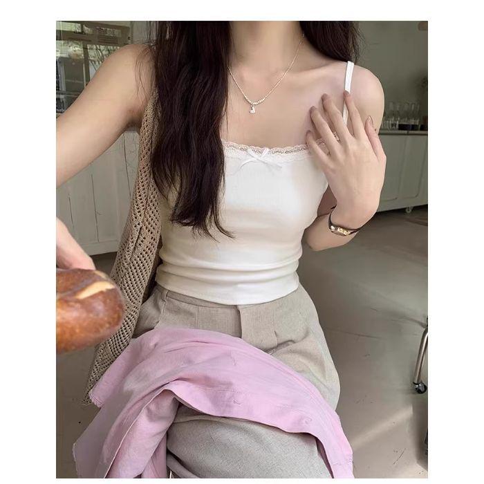 2025 Summer Women's Lace Camisole with Bow and Elastic Splicing - Sweet White BM Vest