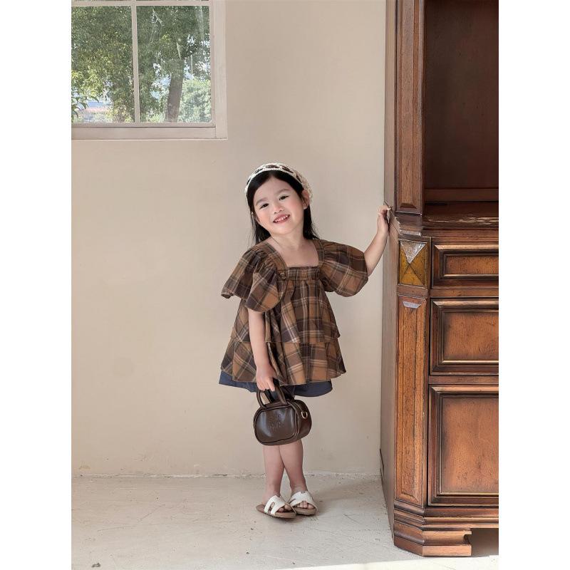 2026 Girls' Mori-style Coffee Plaid Flutter Sleeve Top + Dark Green Shorts Set