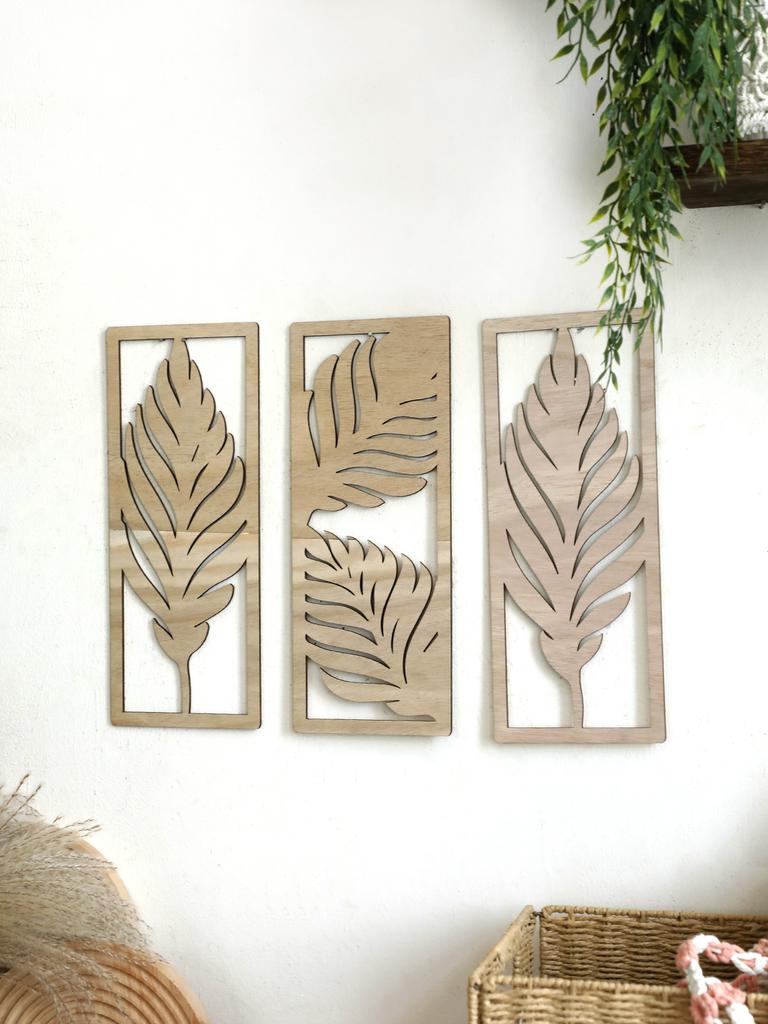 3 Stück Holz Kunst Wanddeko Boho Blatt Schild Wandakzent Rustikal Palmblatt Holz Wandbehang Skulptur Vintage Tropische Pflanze Deko