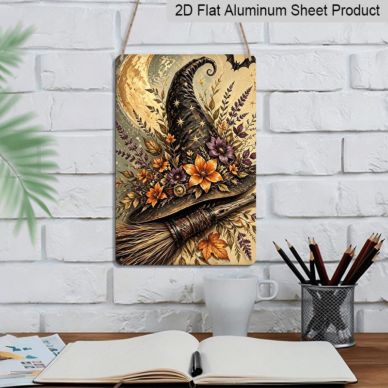 2D Flat, 1pc Halloween Decorative Sign & Plaque, Vintage Floral Witch Hat & Broom Aluminum Sign, Spooky Fun Decor, Halloween Artwork Wall Decor