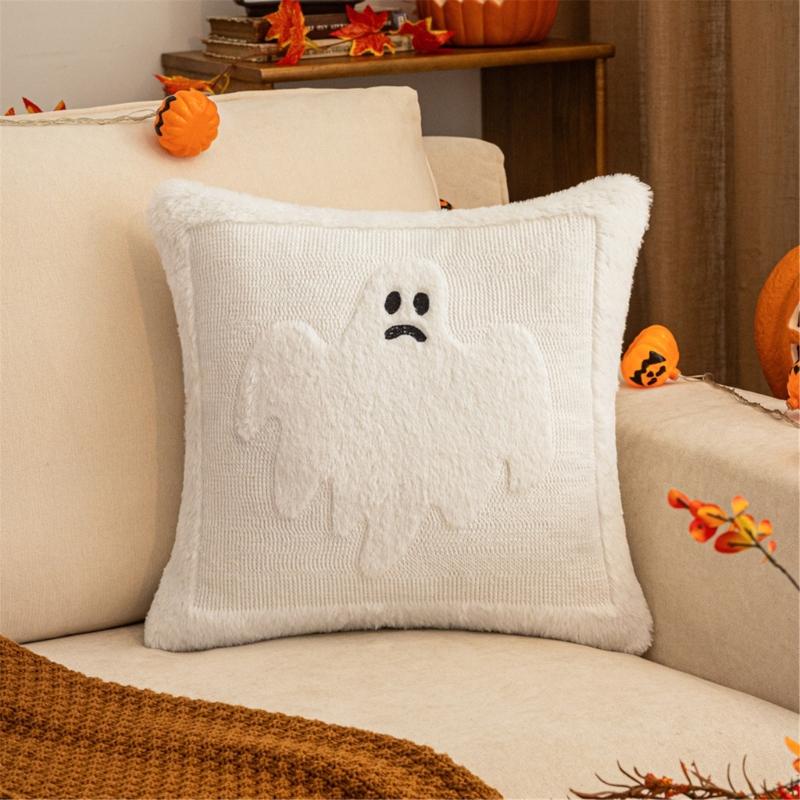 Spooky Themed Plush Pillow Cover Nursery Bedroom Decors Ghostly Pattern Throw Pillowcase for Sofa Couch Halloween Accessory