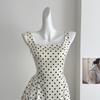 Xiaoxiangfeng Polka Dot Apricot Fashion Square Neck Suspender Dress Women's Spring Pure Waist Short Skirt