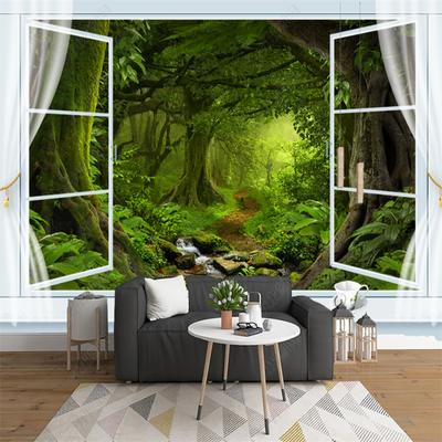 Grüne Bäume vor dem Fenster, Waldlandschaft, Tapete, Wohnzimmer, Schlafzimmer, Arbeitszimmer, Sofa, Fernseher, Hintergrund, Wanddekoration, Wandgemälde