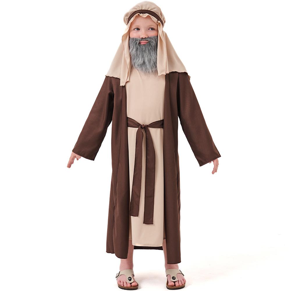 Kids Boys Arab Grandpa Middle Eastern Shepherd Elder Robe Dress Cloak Set Halloween Cosplay Costumes Kindergarten Performance Role Play Outfit