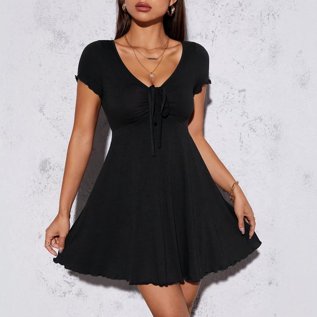 Pure Desire Style V-neck Dress Summer Women's Bow French Slim Fit and Thin Temperament Design Waist Skirt