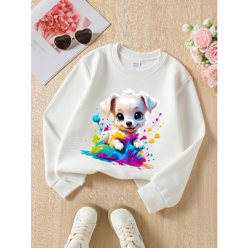 Girls' Crewneck Sweatshirt Colorful Paint Splatter Puppy Art Machine Washable, Spring And Autumn