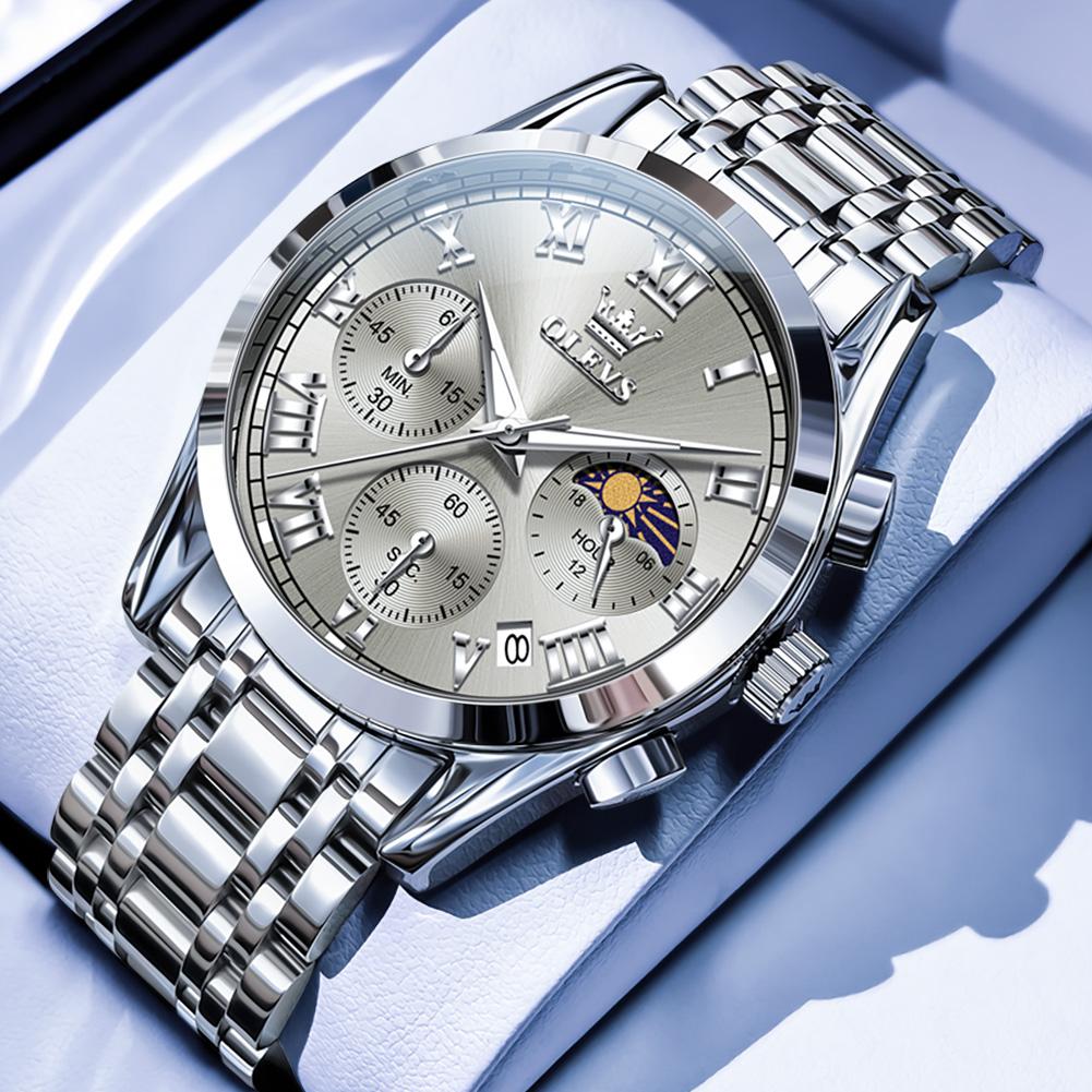OLEVS Luxus Sport Herren Armbanduhr Original Leuchtend Mondphase Chronograph Uhr Für Männer Edelstahl Herren Quarzuhren