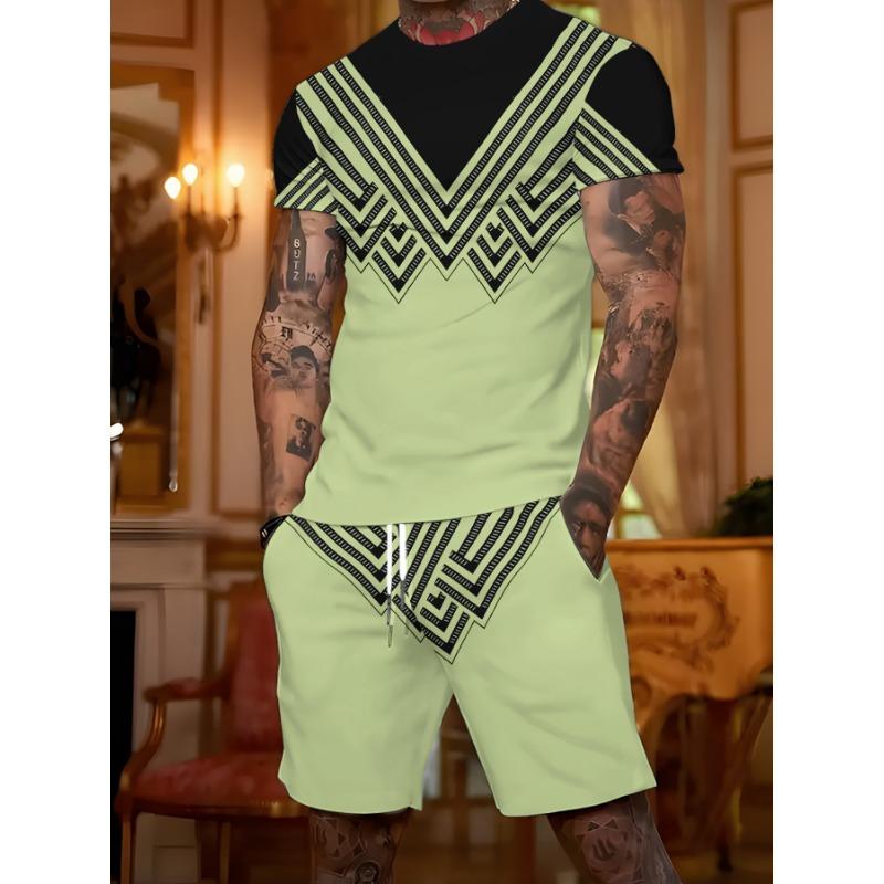 Trendy men s geometric pattern contrasting color splicing short-sleeved + slim-fitting shorts, a two-piece set for everyday outings S