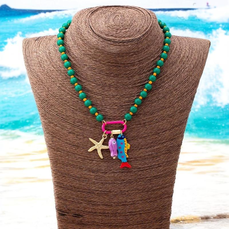 Bohemian Layered Summer Beach Necklace Acrylic Colorful Beads Fish Starfish Charms for Daily Dating Wear