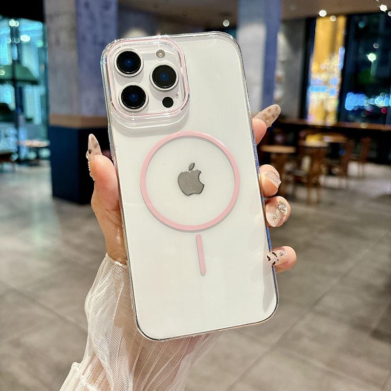 

Ультратонкий HD прозрачный чехол для беспроводной зарядки Magsafe для iPhone 16 15 14 13 12 11 Pro Max Plus, тонкий чехол из магнитного жесткого пластика iPhone 13 Pro Max розовый