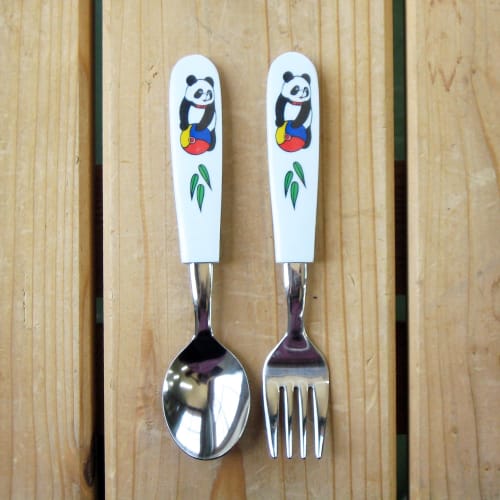 Nagao Children's Spoon and Fork Set, 13.8cm, Panda Design, Dishwasher Safe, Made in Japan