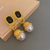 French retro black love pearl circle earrings medium antique temperament stud earrings women