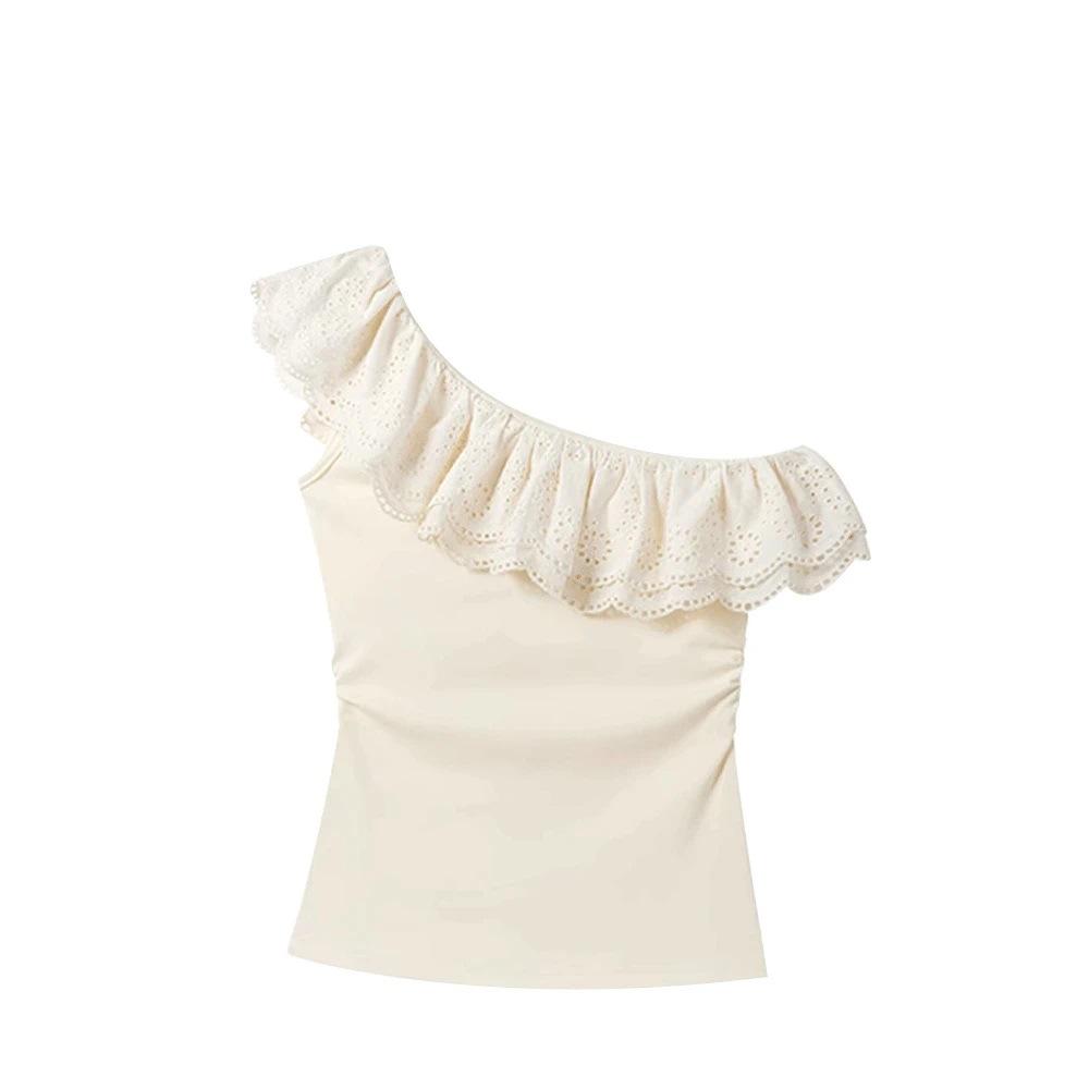 Slant Shoulder Top Women's Off-shoulder T-shirt Women's Slim Summer Lace New Slant Neck Ruffle Edge Versatile and Thin T-shirt Top