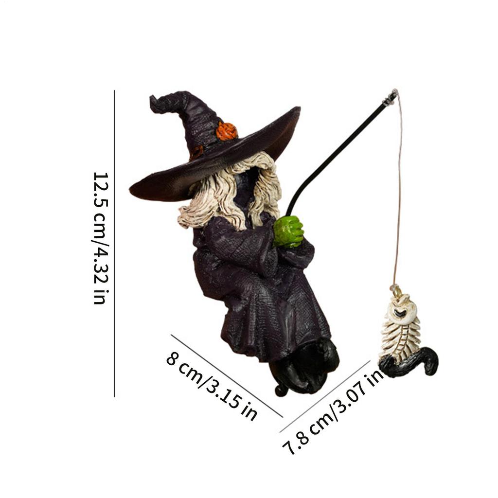 Witch Statue Resin Counter Figure Whimsical Gothic Fishing Witch Figurine for Yard Home Porch Kitchen Desk Indoor Bookshelf