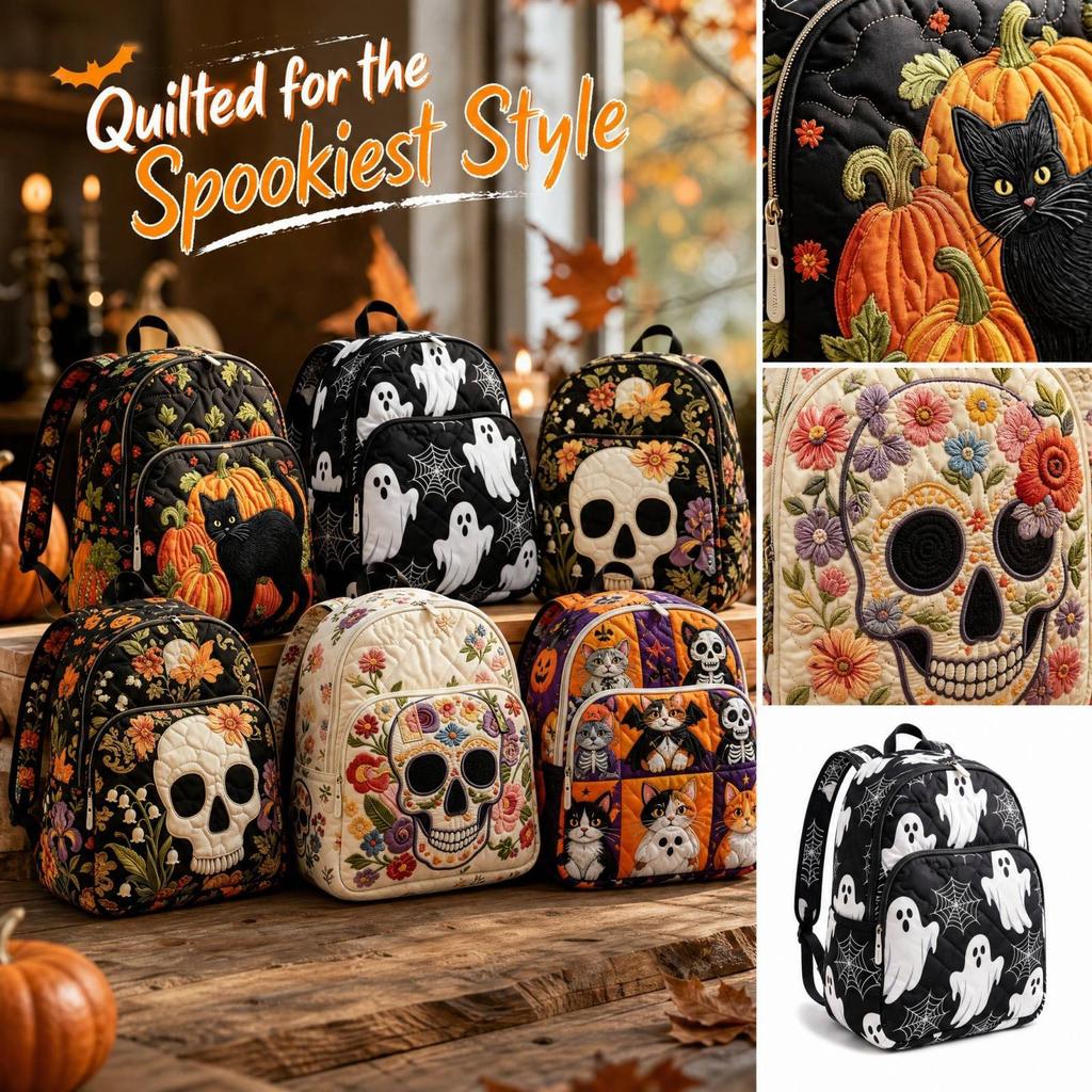 Gesteppter Halloween-Rucksack für Damen, lässiger Rucksack mit großem Fassungsvermögen für Schule, Reisen und den täglichen Gebrauch