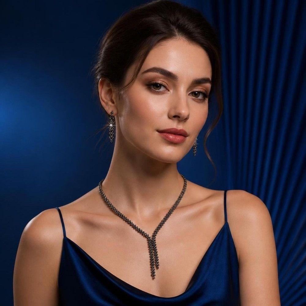 Rhinestone Stud Earrings Luxury Neck Chain Trend Necklace Earrings Set  for Women