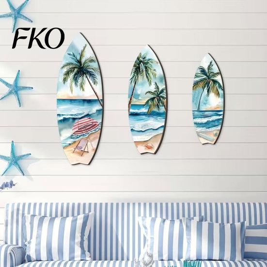 French Vintage Home Decor 3Pcs Wooden Surfboard Wall Art Decor, Natural Wood Hanging Sign, Sun-resistant Sculpture Lightweight Tropical Summer