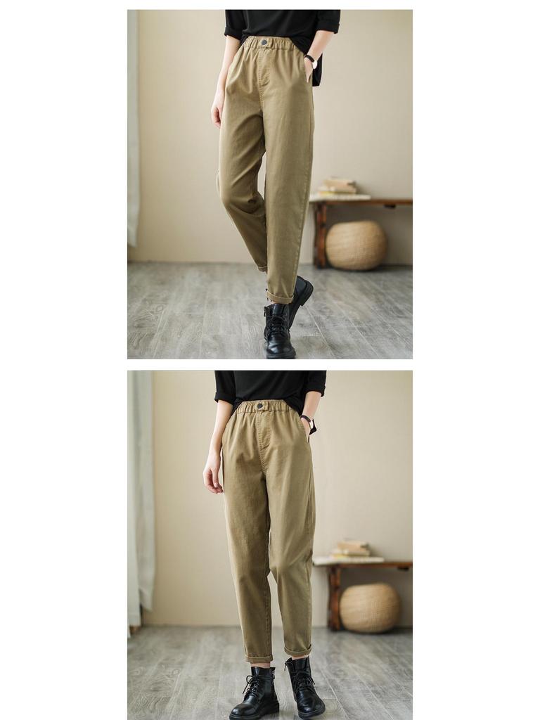 2024 Women's Spring & Autumn Retro Harem Pants, Elastic Waist, Loose Fit, Plus Size, Pure Cotton Carrot Pants