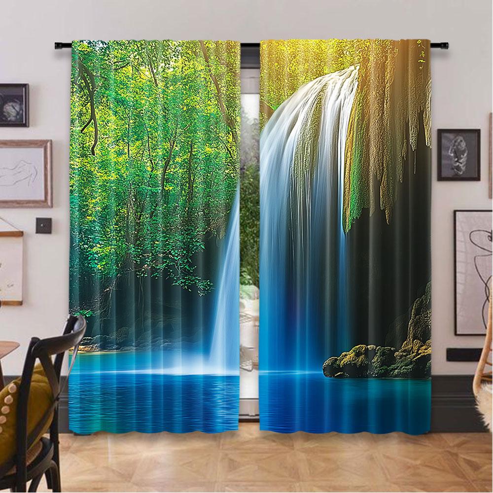 2Pcs Woodland Shower Curtain A Waterfall In Asia Thailand Jungle Of Tropic Plants And Trees Tourist Attraction Living Room