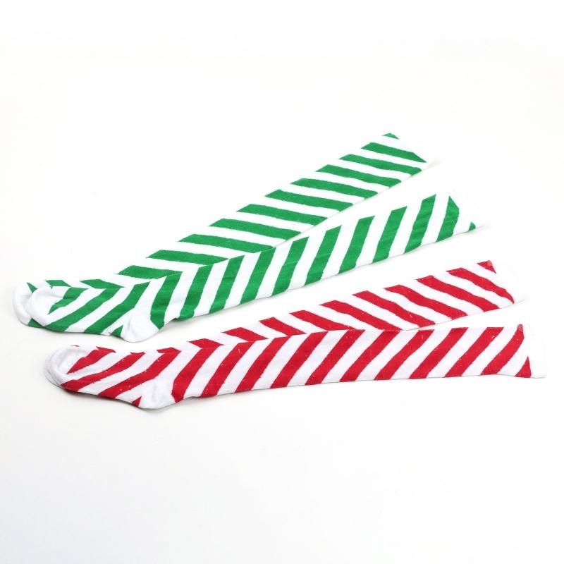 Women Girls Over Knee Long Socks Christmas Diagonal Striped Print Christmas Thigh High Stockings Holiday Party Hosiery