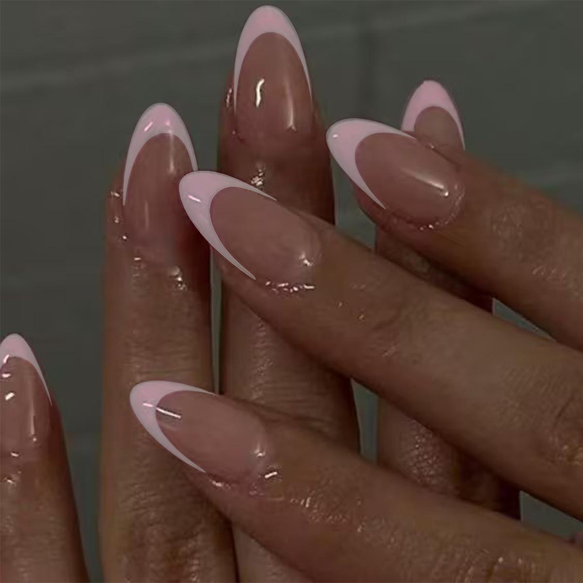 Pink French Tip Almond Wearable False Nails Glue Type