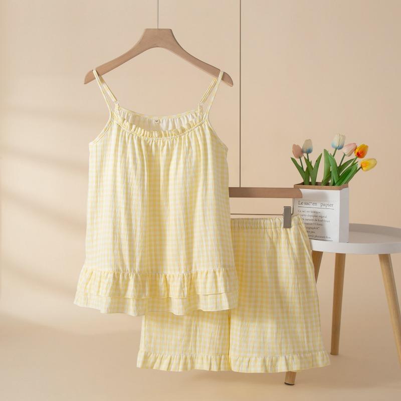 Women 100 Cotton Plaid Camisole Shorts Pajama Set With Chest Pad Summer Homewear