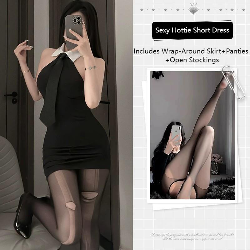 Erotic New French Style Sexy Lapel Backless Secretary Uniform Women Pure Desire Cinching Waist Slim Wrap Hip Short Dress
