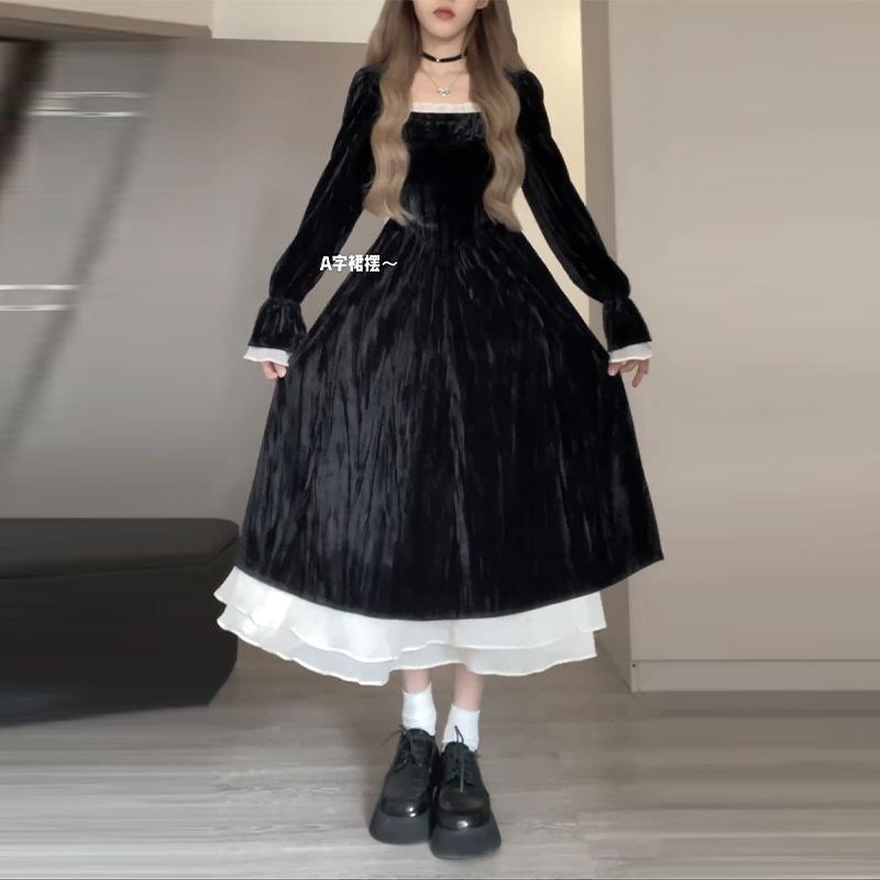 [Original Practice] Hepburn Style Black Velvet Dress Autumn and Winter Women's French Skinny Long Dress