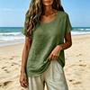 Womens Loose Fit Cotton Linen Crew Neck Casual Short Sleeve Top Relaxed Plain Blouse Comfortable Everyday Shirt for Ladies