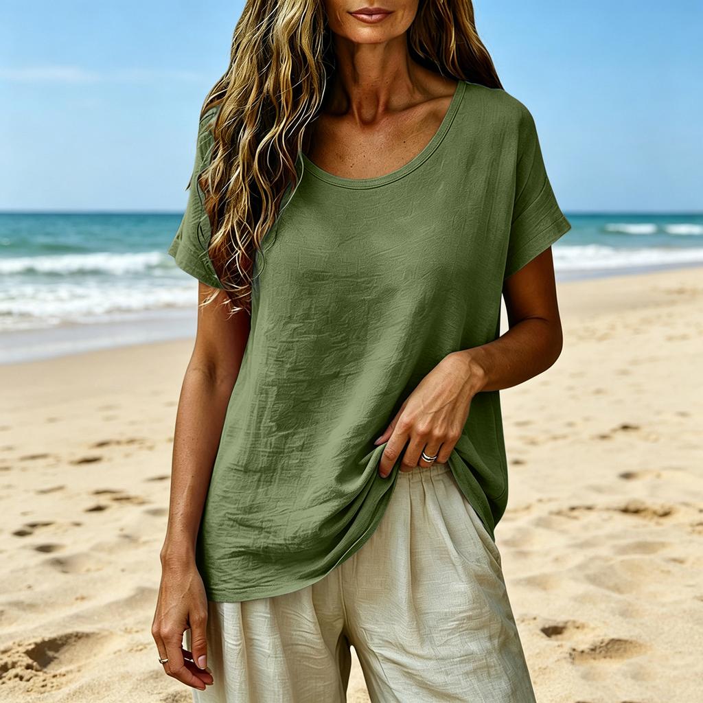 Womens Loose Fit Cotton Linen Crew Neck Casual Short Sleeve Top Relaxed Plain Blouse Comfortable Everyday Shirt for Ladies