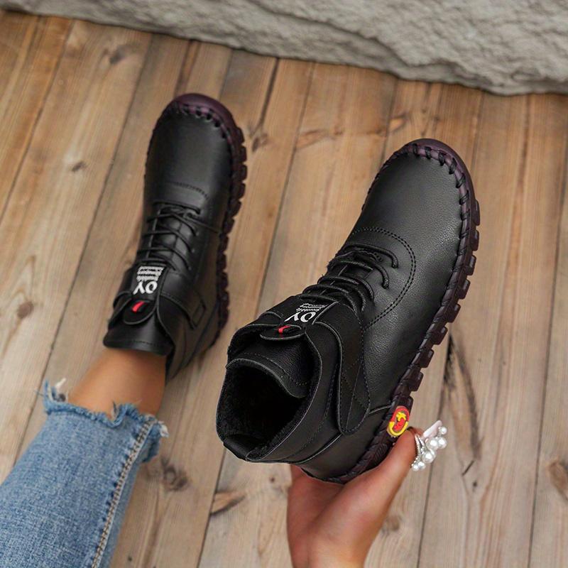 Autumn Winter Women's High Top Flat Sneakers Solid Color Lace Up Hook & Loop Ankle Boots Casual & Comfy Boots