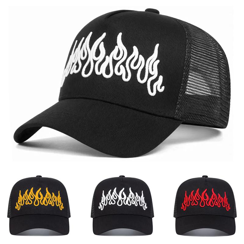 Yiran Bag Women's New Fashionable Baseball Hat Flame Embroidered Hip Hop Skateboarding Hat Outdoor Daily Leisure Sunshade Hat Unisex Mesh Hat