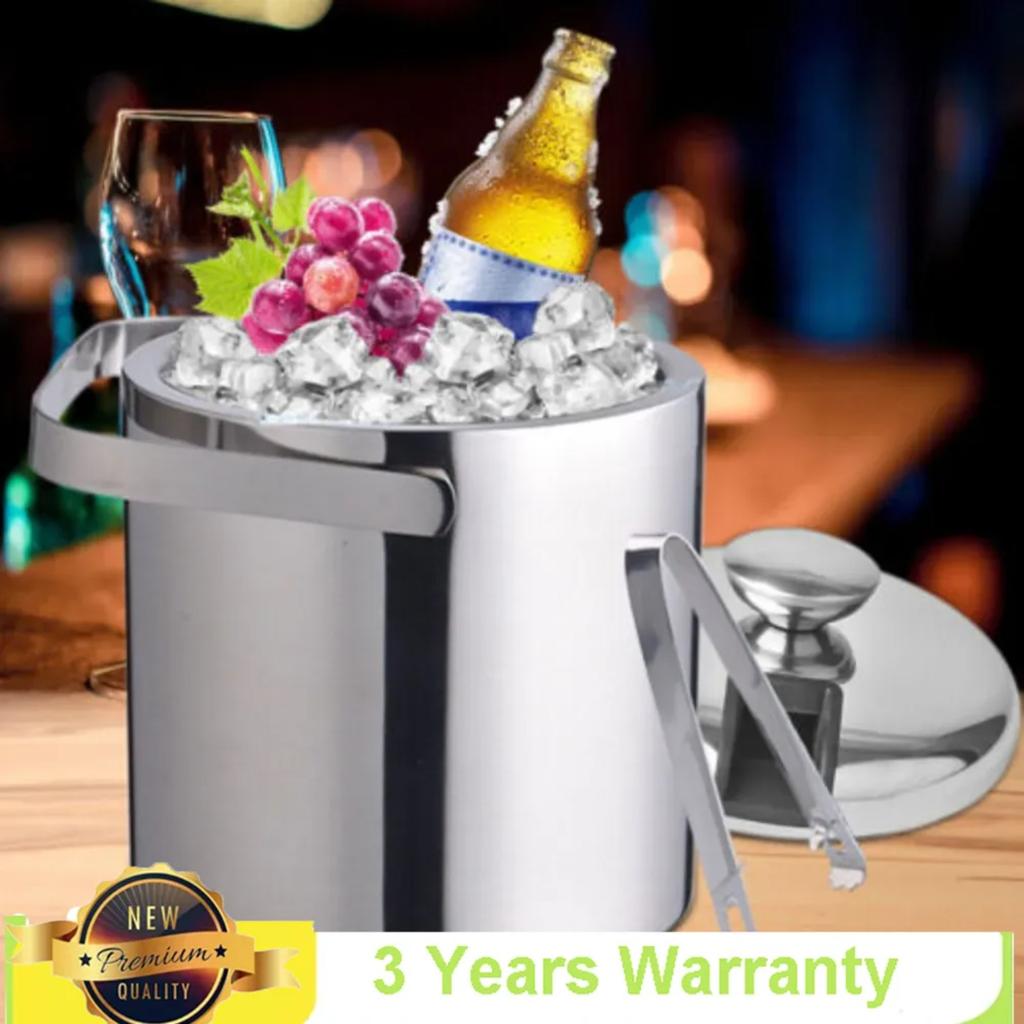 Bymaocar 1300ML 2-Layer Stainless Steel Insulated Ice Bucket w/ Lid & Ice Tong Outdoor Activity Versatile to Use for 3-5 People